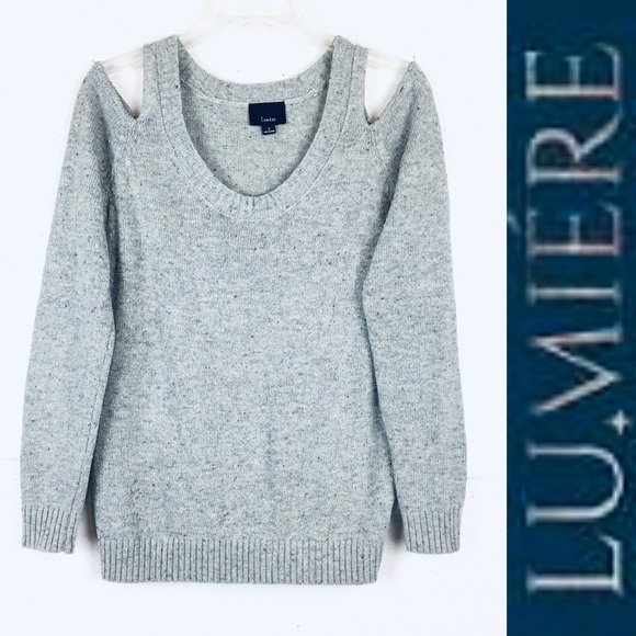 LUMIERE Gray Cold Shoulder Sweater V-Neck Donegal Knit Size S - Picture 3 of 10